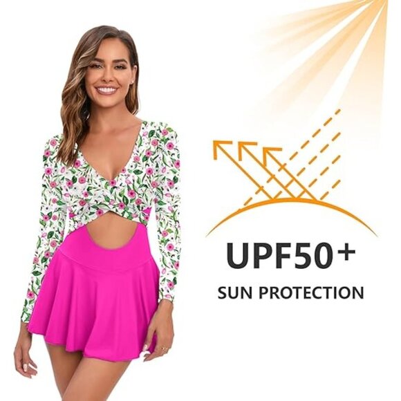 Nesy Womens Medium One-Piece Rash Guard Skirt Swimsuit Floral & Pink UPF 50+ - Picture 4 of 7